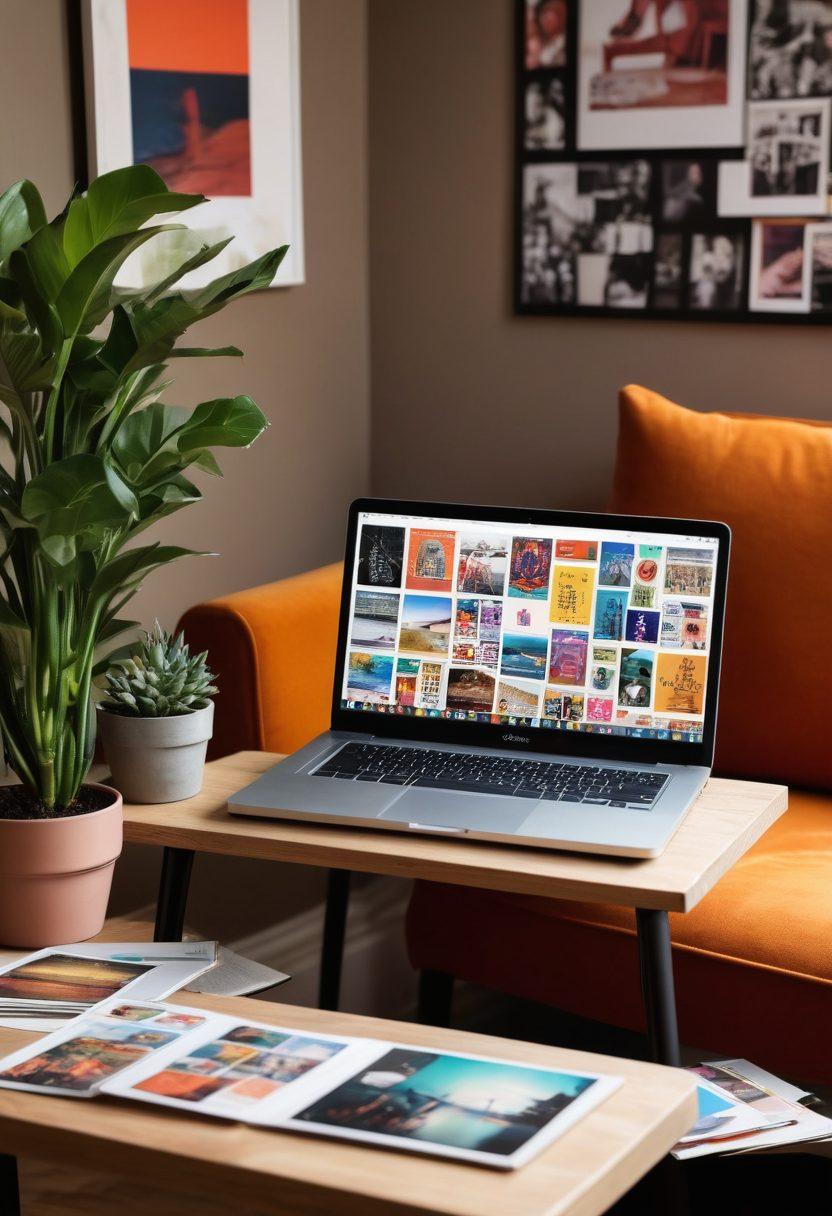 A sleek, modern desktop setup featuring an open laptop displaying a colorful collage of adult media covers ranging from artistic to cinematic styles. Subtle lighting creates a warm ambiance, with a plush sofa in the background inviting relaxation. Add a small potted plant and a glass of red wine to suggest an intimate atmosphere. Incorporate elements of curiosity and exploration, such as a magnifying glass and colorful postcards. vibrant colors. modern design.